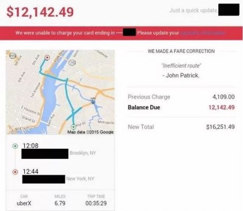 打一次车欠款12000 美元 Uber回应人为失误