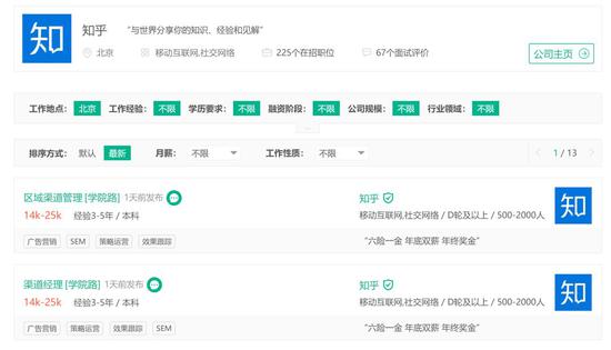 多达225个在招职位中，有100多个职位的是最近3天内刚刚发布的信息